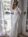 Two Pieces Mermaid Off-the-Shoulder Lace Wedding Dress with Long Sleeves OKR22