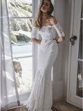 Two Piece Mermaid Off-the-shoulder Lace Wedding Dress with Sleeves OKR22