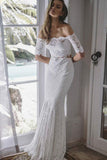 Two Pieces Mermaid Off-the-Shoulder Lace Wedding Dress with Long Sleeves OKR22
