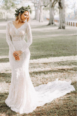 Mermaid V-Neck Backless Long Sleeves Lace Elegant Wedding Dress OKR35