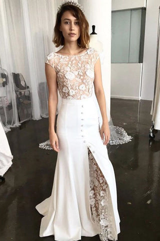 Sheath Bateau Cap Sleeves Sweep Train Lace Wedding Dress with Slit OKR36