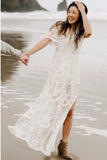 A-line V-Neck Short Sleeves Bohemian Lace Beach Wedding Dress with Split OKR37