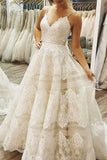 A Line Spaghetti Straps Ivory Sweep Train Wedding Dress with Lace Bowknot OKR13