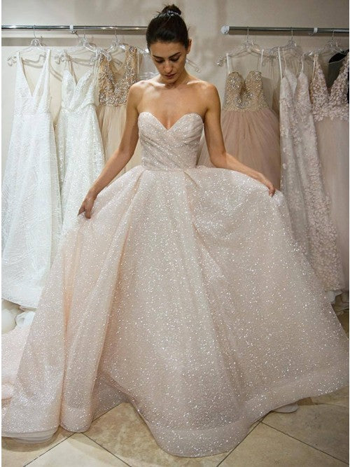 A-line Sweetheart Ivory Lace Sparklely Wedding Dress with Sequins OKR16