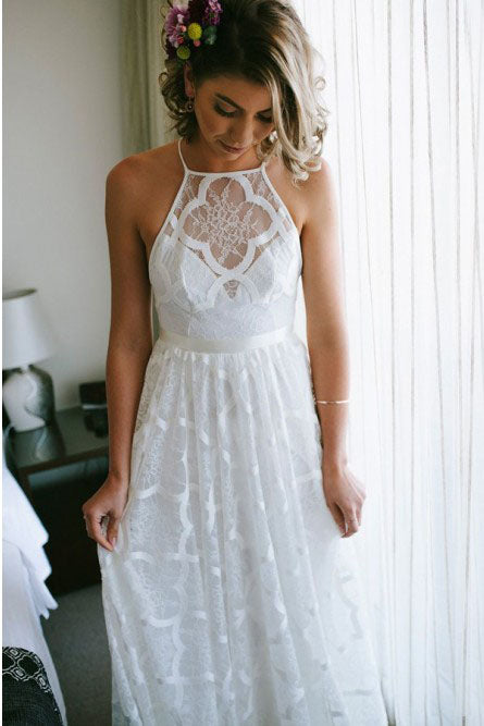 Charming A-line Halter Backless Sweep Train White Lace Wedding Dress OKR40