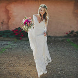 Sheath V-neck Backless Long Sleeves Lace Boho Wedding Dress OKM83