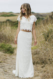 Two Piece V-Neck Cap Sleeves White Lace Wedding Dresses OKL55