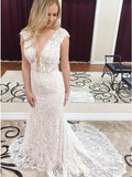 Mermaid Deep V-Neck Cap Sleeves Lace Elegant Wedding Dresses OKK41