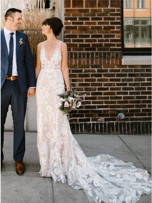 Sheath V-Neck Backless White Lace Boho Wedding Dresses Bridal Gown OKL13