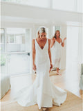Mermaid V-Neck Backless Sweep Train Satin Charming Wedding Dresses OKK45