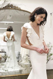 Mermaid V-Neck Cap Sleeves Backless Wedding Dresses with Ruffles OKM27