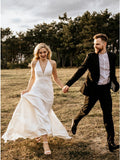 Sheath V-Neck Sweep Train Ivory Simple Wedding Dresses Bridal Gown OKL11