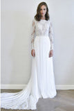 A-Line Long Sleeves Chiffon Long Simple Wedding Dress with Lace OKR78