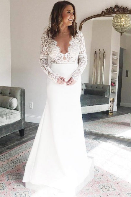 Sheath V-Neck Long Sleeves Deep V-neck Wedding Dress with Lace Top OKR76