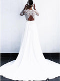 A-Line V-Neck Open Back Long Sleeves Wedding Dress with Lace Appliques OKR82