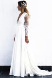 A-Line V-Neck Open Back Long Sleeves Wedding Dress with Lace Appliques OKR82