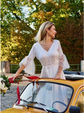 A-Line V-Neck V Back 3/4 Sleeves Satin Boho Wedding Dress with Lace OKS27