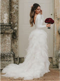 A-line Bateau Long Sleeves Ruffles Tulle Elegant Wedding Dress OKS30