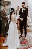 A-line Round Neck Long Sleeves Backless Boho Wedding Dress with Lace OKS31