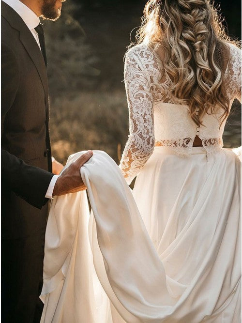 Two Piece Long Sleeves Chiffon Beach Wedding Dress with Lace OKS32