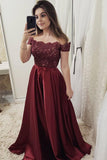 Burgundy Off Shoulder A Line Prom Dresses, Lace Top Cheap Evening Gown OKJ68