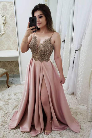 Spaghetti Straps A Line Split Prom Dresses, Pink Beaded Evening Dresses OKJ47