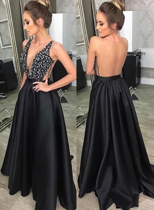 Black Deep V Neck Beading Prom Dress Formal Evening Dress With Pockets OKJ46