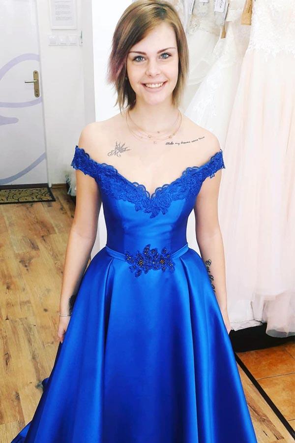 Royal Blue A Line Appliques Satin Charming Prom Dress OKJ39