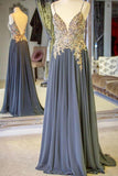 Beaded Chiffon Spaghetti Straps Long Prom Dress With Appliques OKJ73