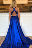 Royal Blue A Line Split Prom Dress, V Neck Long Formal Party Dress OKJ76