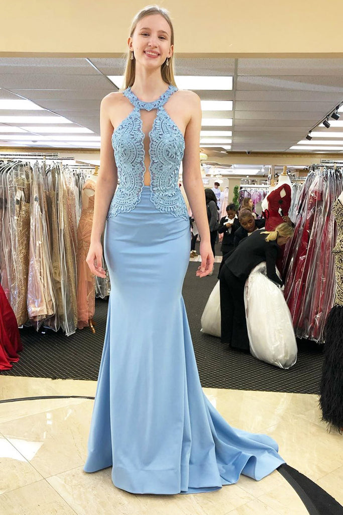 Mermaid Sky Blue Prom Dress With Lace, Long Formal Evening Dress OKJ83