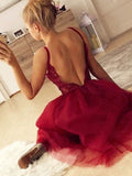 Cute A Line V Neck Spaghetti Straps Dark Red Short Homecoming Dress with Lace OKM67