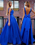 Sexy A-Line V-Neck Sweep Train Backless Royal Blue Prom Dresses with Bowknot Pleats OK340