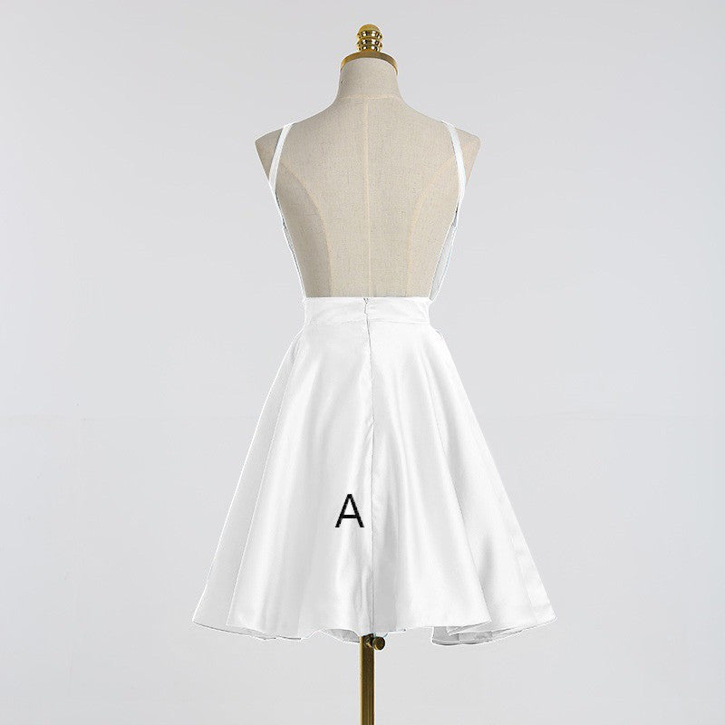 Cute A-Line Jewel Backless Sleeveless Short Junior White/Blush Satin Homecoming Dresses OK317