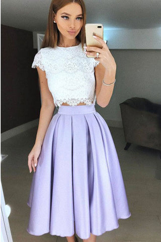 Two Piece Tea-Length Lavender Prom Homecoming Dresses with Lace Pleats OKL38