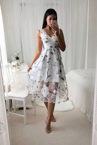 A-Line V-Neck Printed Tea Length Prom Dresses with Pleats OKL40