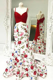 Mermaid Spaghetti Straps Floral Print Red Top Prom Dress OKI84