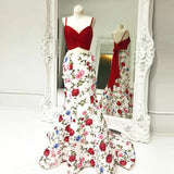 Mermaid Spaghetti Straps Floral Print Red Top Prom Dress OKI84