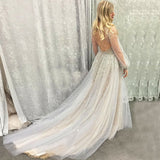 Princess A-Line Deep V-Neck Puffy Long Sleeves Tulle Prom Dresses with Beading OK919