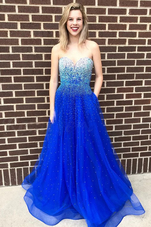 A-Line Sweetheart Long Royal Blue Prom Dress with Beading Pockets OKQ93