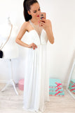 A-line Crew Floor-Length White Chiffon Prom Dress with Pearls OKR5