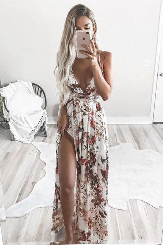 A-line Deep V-Neck Printed Chiffon Prom Dress with Split OKR2