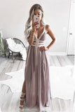 A-Line Straps Floor-Length Chiffon Pleated Prom Dress with Side Slit OKR1