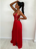 A-Line Spaghetti Straps Red Chiffon Prom Dress with Lace Split OKL33