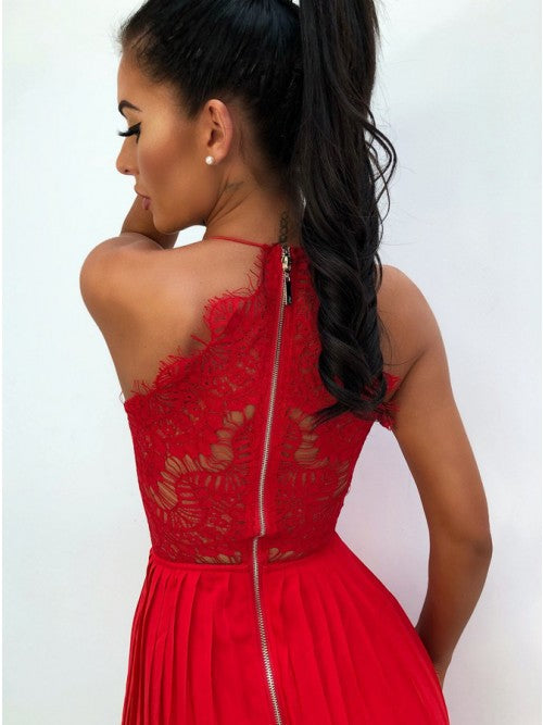 A-Line Spaghetti Straps Red Chiffon Prom Dress with Lace Split OKL33