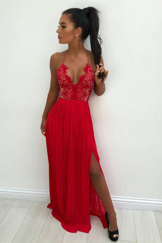 A-Line Spaghetti Straps Red Chiffon Prom Dress with Lace Split OKL33