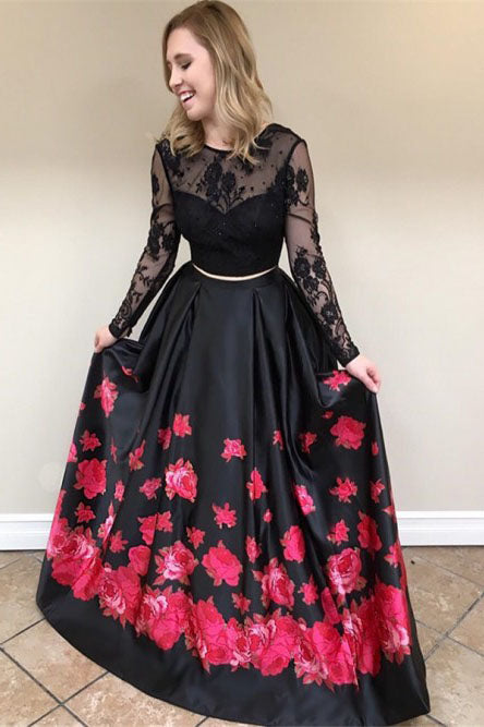 Two Piece Crew Long Sleeves Black Floral Printed Prom Dresses with Lace OKL34