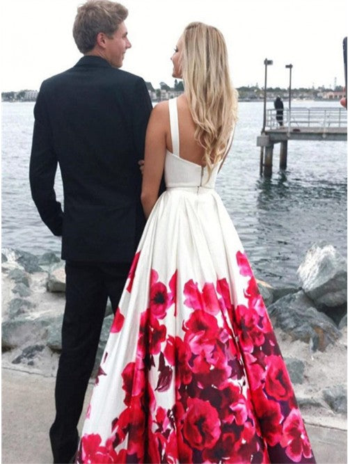 New Arrival Two Piece Sleeveless White Printed Prom Dresses OKL35