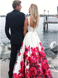 New Arrival Two Piece Sleeveless White Printed Prom Dresses OKL35