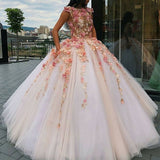 Jewel Tulle Long Cap Sleeves Ball Gown Prom Dresses with Flower Appliques OKH10